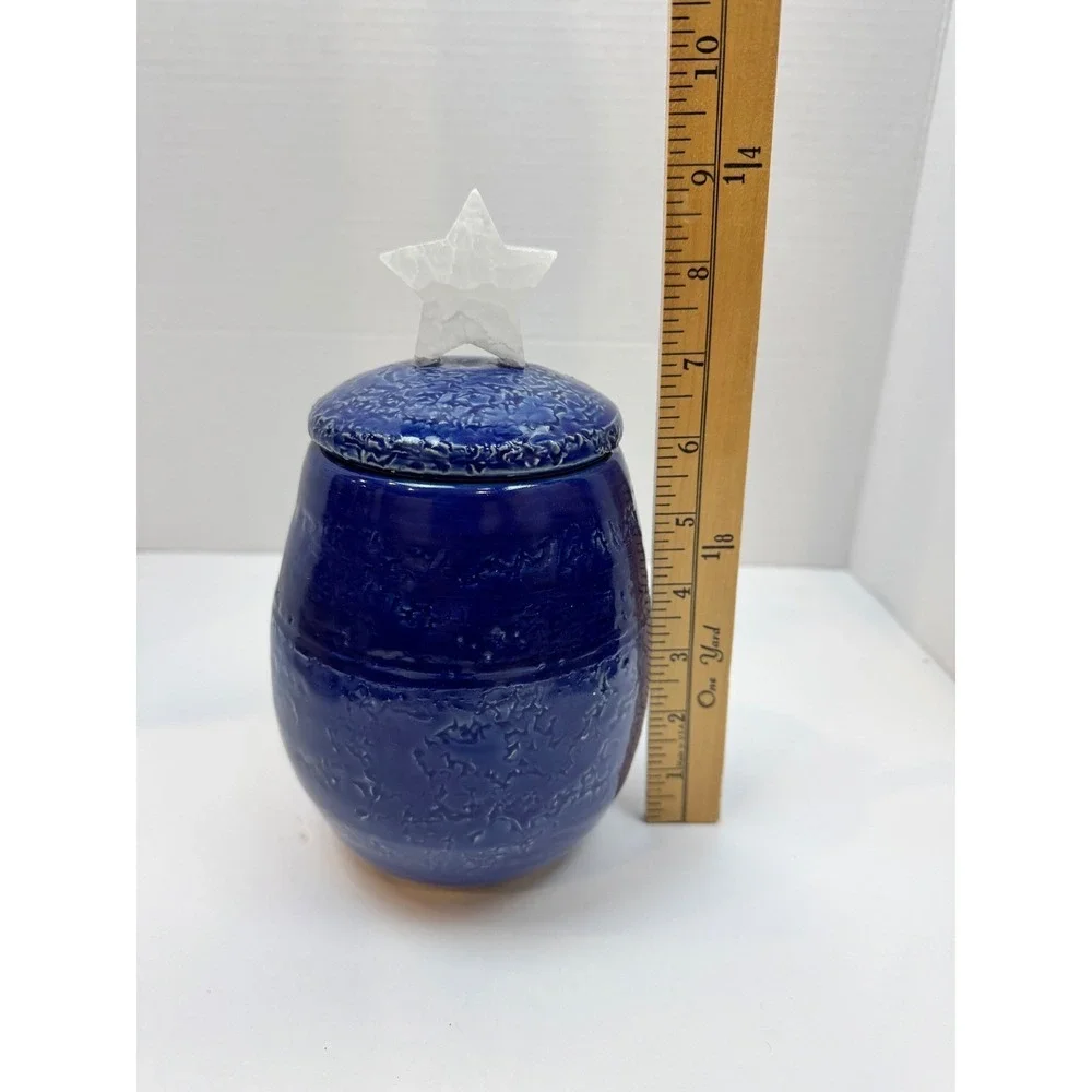 Celestial Art Pottery Cobalt Blue Textured Ceramic Jar with Crystal Star‎ Finial